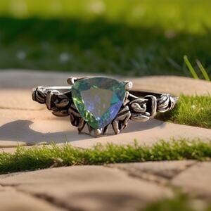 Vintage Sterling Silver Blue Iridescent Ring Size 10.5